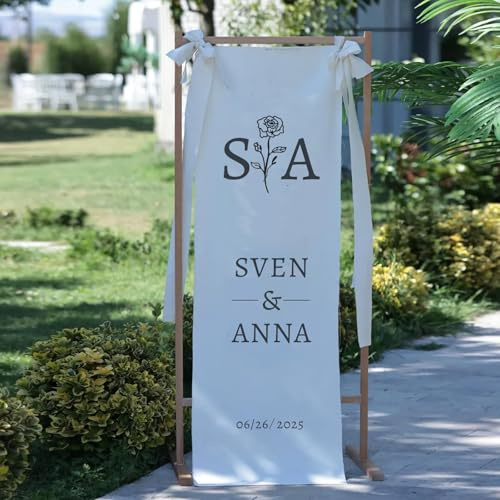 Placas De Bienvenida De Tela De Boda Personalizadas, Cartel De Bienvenida De Boda Moderno Con Nombres Y Fecha, Decoración De Boda De Lino Personalizada(50x152cm)
