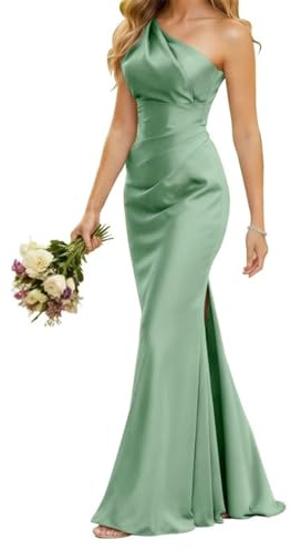 Vestido de dama de honor de satén para mujer, para boda, vestido de graduación, vestido de cóctel con abertura lateral, talla grande, Salvia polvoriento, 38