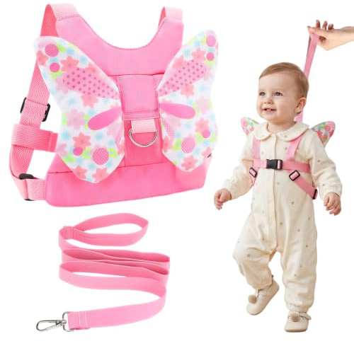Pink Baby Walking Harness, Toddler Reins for Walking 1-3 Years Backpack | Anti-Fall Adjustable Toddler Harness with Butterfly Wings, Comfortable Safety Design for First Steps, Travel and Outdoor Walk