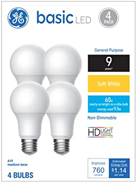GE Basic Light Bulbs, 60 Watt, Soft White, A19 (4 Pack)