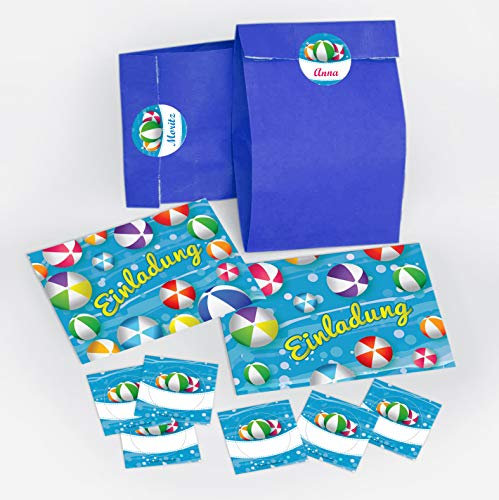 JuNa-Experten 8 Einladungskarten zum Kindergeburtstag Schwimmbad Wasserbälle für Mädchen Jungen/Pool Party/bunte Einladungen zum Geburtstag inkl. 8 Umschläge, 8 Party-Tüten/dunkelblau, 8 Aufkleber