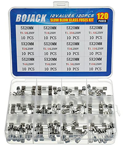 BOJACK Assortiment de 120 fusibles en verre à fusion lente 5 x 20 mm 250 V T0,5 A 1 A 1,25 A 1,6 A 2,5 A 3 A 3,15 A 4 A 5 A 6,3 A 10 A dans une boîte en plastique transparent