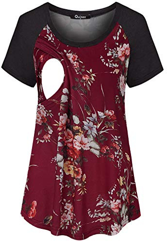 Nursing Shirts for Women, Quinee Ladies Round Neck Patchwork Raglan Short Sleeve Breastfeeding Tunic Print Pattern Blended Tops Comfy Sleepwear Maternity Blouses Red Floral XL