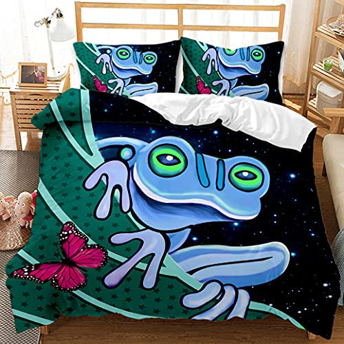 Fantasy Animal 3D Bettbezug für Kinder Jungen Mädchen Lila Grün Galaxie Frosch Schmetterling Pastell Graffiti Landschaft Bettwäsche Set und Kissenbezug 80x80 cm, Polyester (Multi 1, 135 x 200 cm)