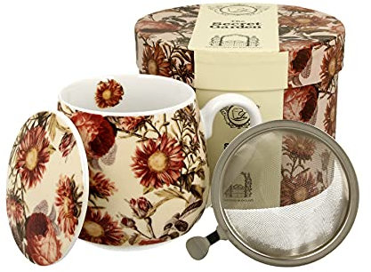 Duo Kollektion Secret Garden Becher 430 ml mit Teeei und Deckel PEONY aus New Bone China Porzellan im Geschenkbox, Teetasse 3teilig Geschenkset mit teesieb, Becher mit Filter