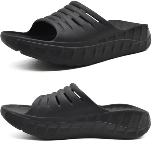 KuaiLu Mens Recovery Sandals Orthotic Arch Support Open Toe Sport Slides Thick Cushion Orthopedic Plantar Fasciitis Slip On Wide Width Summer Pool Beach Waterproof Walking Slippers Black Size 11