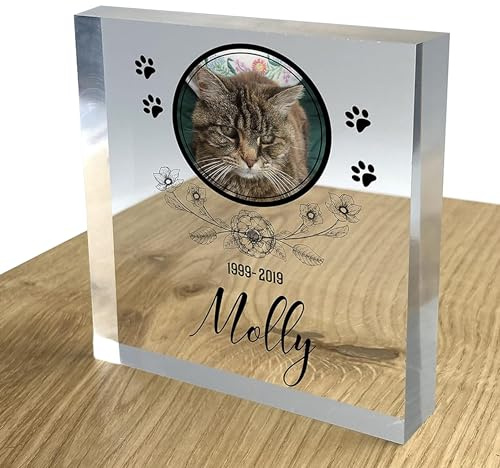 TULLUN Acrylique Cristal Commémorative Personnalisée Individuel Transparent Plaque Bloc pour Animal Chien Chat 3D Effect Photo Image Texte Nom Initiales Date - Floral
