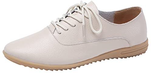 Chaussures Plates pour Femmes Loafers De Marche Mocassins Fond Souple À Lacets Cuir Travail Bureau Soins Infirmiers Oxfords,Beige,40 EU