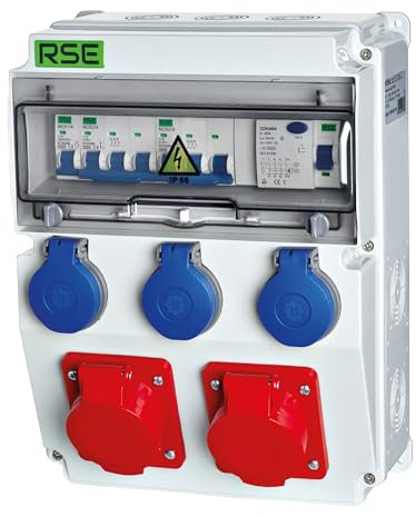 Distributore di corrente da parete completo cablato, 32 A, 16 A, 230 V, con contatore CEE IP65, 11. 2 x 16a 3 x 230 con LS+FI