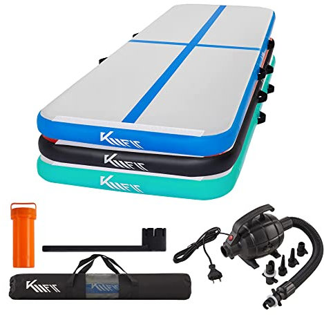 KM KM Fit Turnmatte Aufblasbar Airtrack Gymnastikmatte 3M Tumbling Matte Fitness-Matte inkl.Tragetasche, elektr.Luftpumpe&Flick-Set Yogamatte, Trainingsmatte UV-Beständig Turn- & Fitness Blau