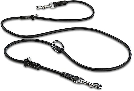 Hundeleine Leder 2,0m Premium Rund-Lederleine schwarz | Führleine mit Edelstahl-Karabiner | Hunde Leine mehrfach verstellbar Denise (Schwarz)