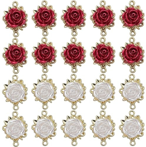 SUNNYCLUE 1 Scatola 32 Pezzi Ciondoli Rosa Ciondoli Connettore Fiore Rosa 3D Sfusi Fiori Rossa Bianca Collegamenti Collegamenti di Collegamento Connettori Doppio Anello per Gioielli Crea