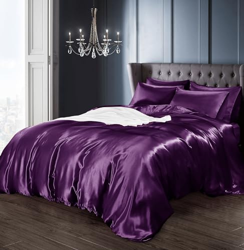 Intimates Satin Silky Bedding Sets Duvet Cover, Fitted Sheet and Pillowcases Easy Care Duvet Cover Complete Set (Double, Purple)