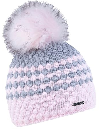 SABBOT Schick Damen Mütze mit Pelzbommel, Fleece-Futter, Wintermütze, Strickmütze, Warme Kappe (Rosa und grau)