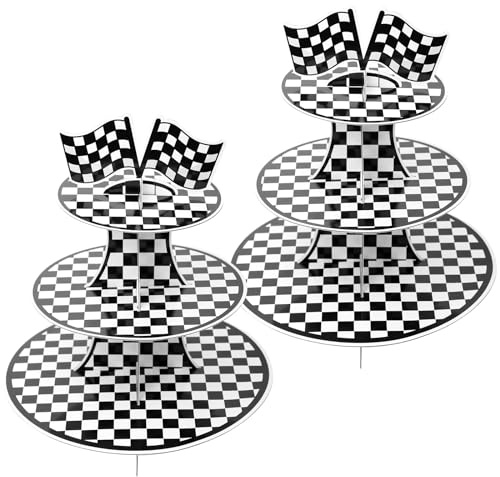 PEUTIER 2stk Rennwagen-Geburtstagsparty-Dekoration, 3-Stöckiger Auto-Cupcake-Turmständer für 48 Cupcakes mit Schwarz-Weiß Karierter Flagge Rennwagen-Motto-Partyzubehör für Jungen Männer Autoliebhaber