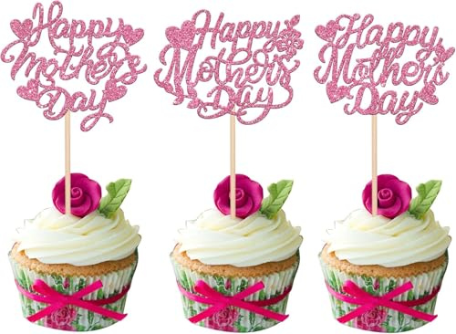 SYKYCTCY 24 Pack Happy Mother's Day Cupcake Toppers Glitter Heart Love Mother Best Mom Cupcake Picks for Happy Mother's Day Theme Women Birthday Party Cake Decorations Supplies Pink