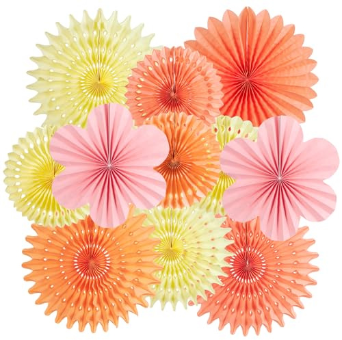 SUNBEAUTY 11 Stück Papier Fächer Deko Hängend Rosa Orange Gelb Blumen Papierfächer für Geburtstag Hochzeit Baby Shower Sommer Party Herbstdekoration