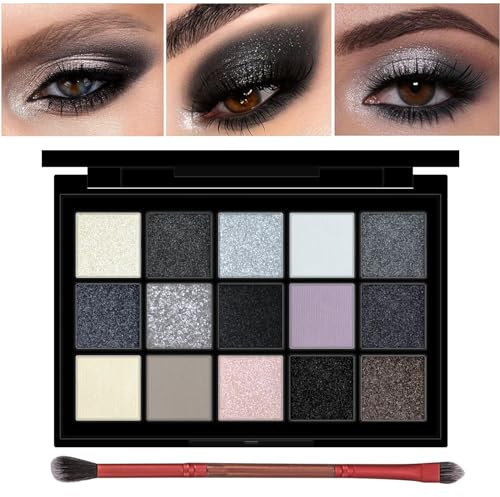 Erinde Palette de Fards à Paupières Smokey Black, Mates Ultra Pigmentées, 15 Couleurs Gothique Ombre à Paupières, Noir Fumé Gris Gothique, Pour Halloween(1 pinceau)