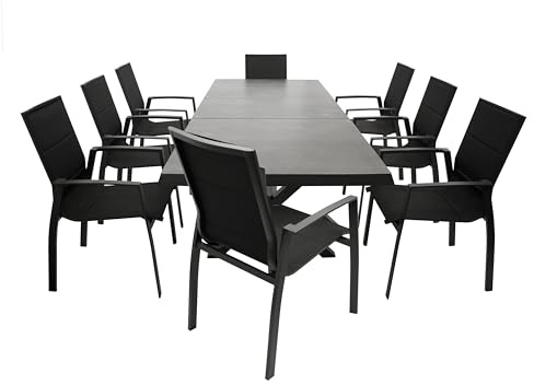 DEGAMO Gartengarnitur Sitzgruppe Almada 9-teilig, 8X Stapelsessel aus Aluminium anthrazit und gepolstertem Textilgewebe in schwarz + 1x Ausziehtisch Aluminium + Glas 180/240x100cm, anthrazit