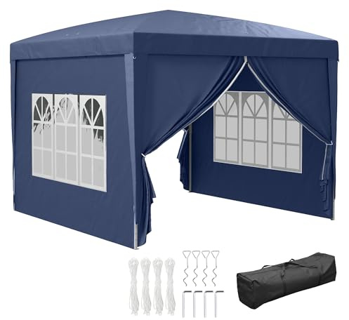 Outsunny Gazebo Pieghevole 3x3 Pop Up con 2 Porte, in Acciaio Blu | 2 Finestre, 4 Pannelli Laterali, Borsa da Trasporto, Gazebo da Esterno in Tessuto Oxford, per Giardino, Feste, Campeggio