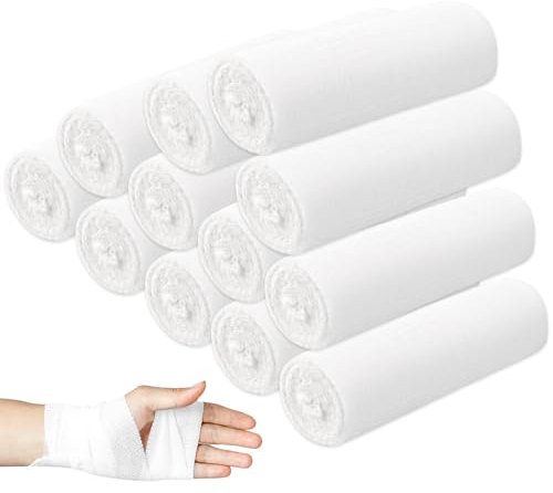 12 Stück Mullbinden Set 10cm x 4,5m, Fixierbinden Verbandsmaterial, Verband elastische binde, Fixierbinde für Handgelenk Füße einzeln in Folie, Luftdurchlässig Weiß