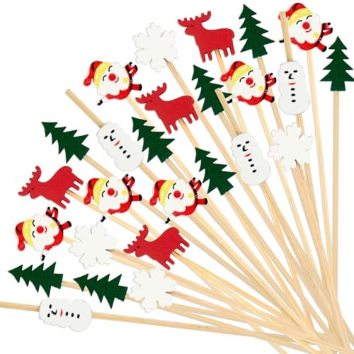 100 Stück Weihnachtsspieße aus Bambus (12cm) mit 5 Motiven – Weihnachtsbaum, Rentier & mehr. Holzspieße für Fingerfood, Cocktail-Deko, Obst, Käse & Tortendeko. Perfekte Party-Picks,Spieße Fingerfood