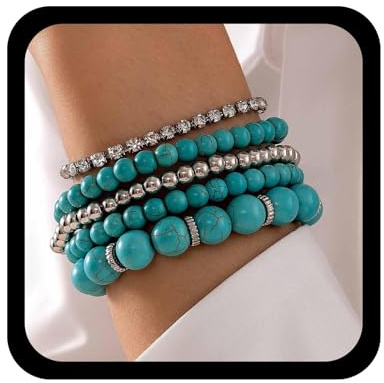 Wendalern Boho Türkis Perlen Armbänder Set Stretch Türkis Strang Armband Kristall Kette Tennis Armbänder Stapelbar Runden Perlen Kette Armreifen Stapeln Handgelenke Schmuck Für Frauen