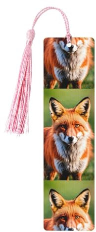 Holz-Lesezeichen mit Fuchs-Aufdruck, bunte Quasten, elegant, Retro-Lesezeichen für Buchliebhaber