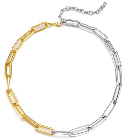 WOWORAMA Two Tone Paperclip Link Chain Necklaces for for Women Men Trendy Gold Silver Chunky Chain Choker Necklace Adjustable Paper Clip Link Necklace