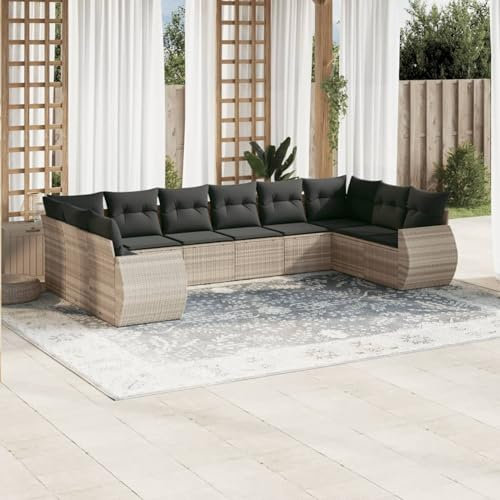 Homgoday Gartenmöbel-Set, 10-teilig, mit Kissen, hellgrau, Polyrattan, Möbeldekor, Set aus Schlafsofa, Wohnzimmer, Couch, modernes Set für Outdoor-Sofas für den Garten, Modell 3254209