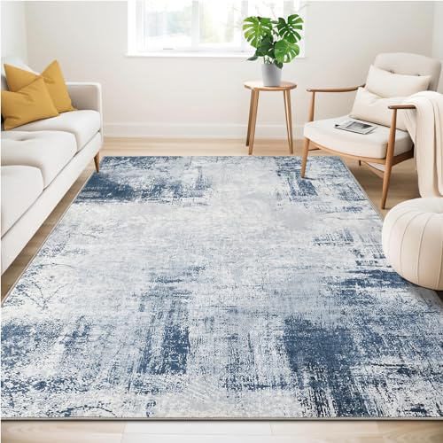 Guchuang Bedding Machine Washable Rugs for Living Room 140 x 200 cm Soft Faux Short Pile Area Rugs Abstract Blue Carpet for Bedroom Dining Room Office Kitchen Non Slip Non Shedding