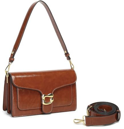 Travistar Leder Handtasche Damen Umhängetasche Mittelgroß Schultertasche Abendtasche Kupplung Crossbody Bag mit 2 Abnehmbar Breiter Schultergurt Kreditkartenfächer Rot Braun