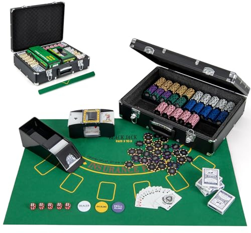 HOMASIS Pokerset Profi Deluxe 300/600 Laserchips, Alu Pokerkoffer mit 2/6 Kartendecks, 5 Würfeln, 3 Dealer Button, Kartenmischer, Kartengeber & Matte, Poker Set für Texas Hold'em (600 Chips)