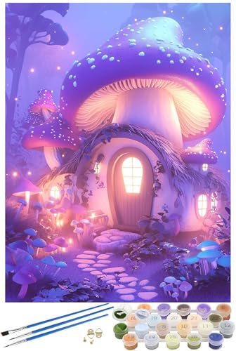 Paint by Numbers Kits for Adults Mushroom House , Purple Painting by Numbers for Kids 6-12 with Frame 80x100cm, Oil Adult Crafts with 3 Brush and Paints, Home Wall Decor Delicate Female Gifts-12