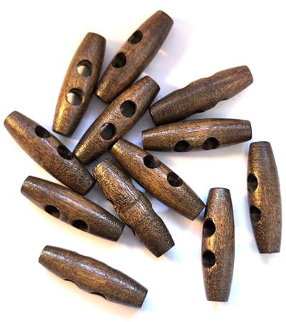 12 edle Holzknöpfe - Knebelknöpfe oval 40mm x 11mm (4,0cm x 1,1cm) kokosbraun braun Knebel 2 Löcher a 6,0mm je Loch - längliche Knöpfe zum annähen nähen basteln - Jackenknöpfe Mantelknöpfe