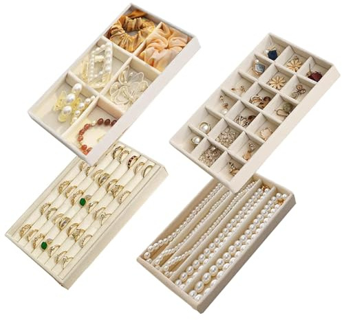 Jinavoty Schmuck Schublade Organizer Inserts Set von 4, Schmuck-Organisator für Schublade Samt Tray Storage für Ohrring Ring Halskette Watch Bracelet (Beige)