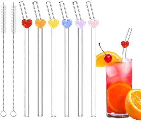6 Stück Strohhalme Glas, Wiederverwendbar Glas Strohhalm | Hochborosilikatglas, Süße Glas Strohhalme mit bunte Herz, Bruchsicher, Geeignet für Kaffee, Saft, Milch