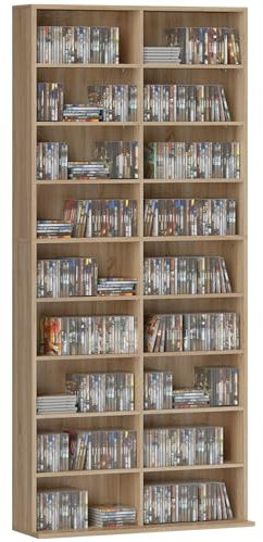 HOMCOM 640 CD/360 DVD Storage Unit, Blu-ray Media Storage Shelf con 18 scomparti e 14 ripiani regolabili, torre CD per soggiorno, camera da letto, ufficio, finitura in legno naturale