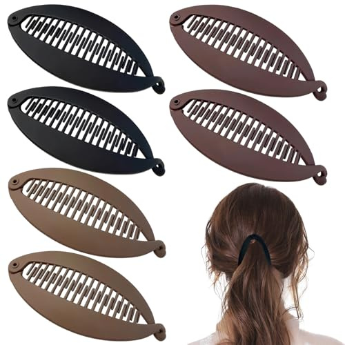 6 Stück Banana Hair Clip, Vintage Banana Clip Dickes Haar, Vintage-Fischschwanz-Haarclips, Anspruchsvoll Bananen Haarspange für Pferdeschwanz, Hochsteckfrisuren (Hellbraun, Dunkelbraun, Schwarz)
