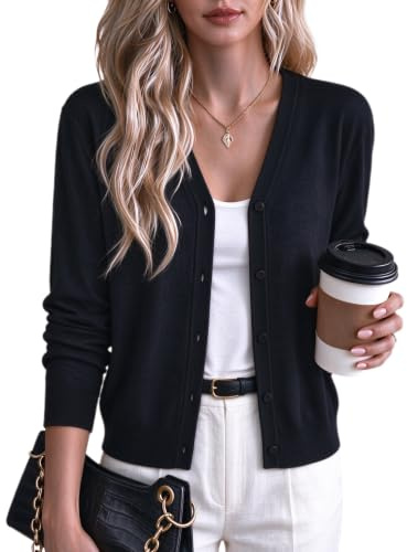 Arach&Cloz Women's Wool Business Casual Fall Cardigan Sweaters Black XL | Lightweight & Breathable, Long Sleeves V-Neck Button Down Sweaters, Fall Clothes for Work Office Daily Wear