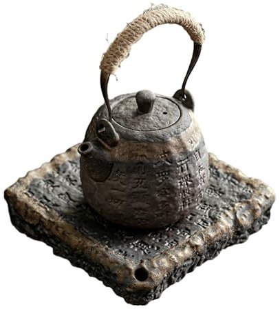 Tetera de 250 ml, estilo chino, estilo antiguo, estofado de corazón, con levantamiento de sutra, juego de té kung fu de cerámica gruesa antiquemaduras, tetera de elevación + juego de soporte para