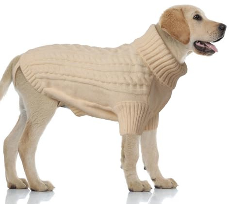 LiebeDD Extra stor hundtröja, stickad polotröja med koppelhål, vinter, varm tröja för medelstora och stora hundar, stickat för kallt väder, för fransk bulldogg mops Weimaraner, beige