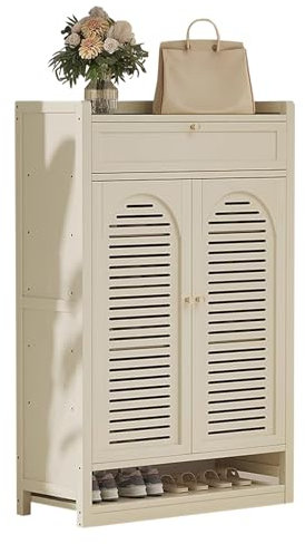 Zapatero de 8 Niveles con Puertas correderas y cajón abatible, Organizador de Zapatos de Madera de Gran Capacidad para Entrada y Pasillo (Beige)