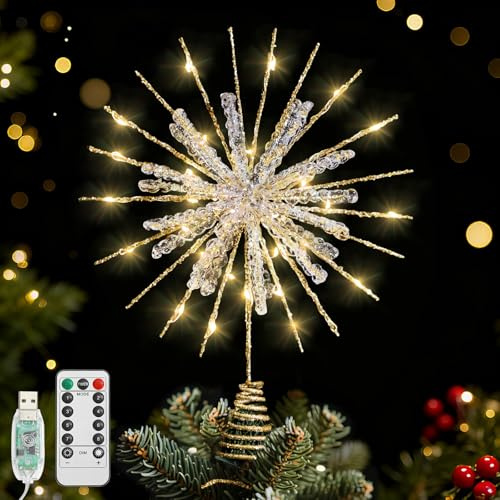 Lewondr Weihnachten Schneeflocken Baumspitze, 12,2 Zoll Weihnachtsbaumspitze mit Glitzerndem Epoxidharz und 30 LED, Weihnachtsbaum Dekoration für Haus Party, 6H Timer & 8 Modi, Warmes Licht, Gold