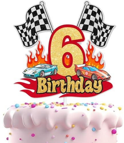 Rennauto Tortendeko, Cake Topper Rennauto, Geburtstag Rennauto Kuchen, Cars Auto Deko Torte, Happy Birthday Geburtstagskuchendekoration mit Zielflagge und Rennthema für 6-Jährige