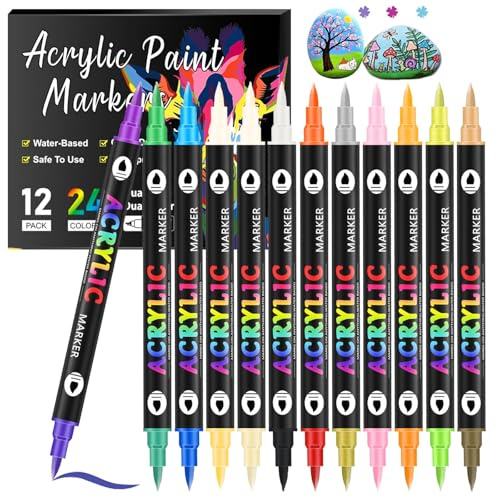 Rnigra 24 Colors Acrylic Paint Pens, 12 Pack Dual tips Acrylic Markers for Rock Painting, Canvas, Wood, Glass, Ceramic, Fabric, Plastic, Egg & Scrapbook. Soft Brush Tips Paint Markers
