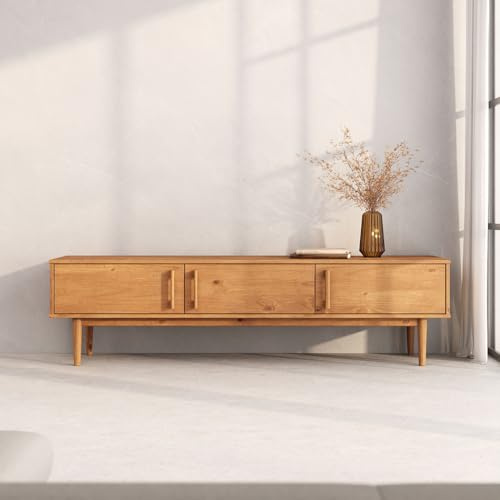 IDIMEX Lowboard TECCA 180 cm, Eiche Finish – niedriges Sideboard mit Stauraum, TV Schrank mit 3 Türen aus Massivholz, Mid Century Wohnzimmermöbel