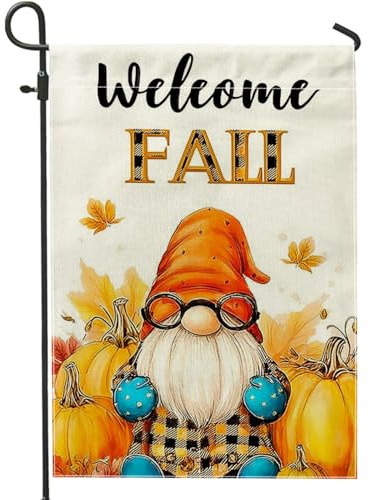Drapeau de jardin d'automne de bienvenue, nain orange, citrouille, bannière de décoration d'intérieur, drapeau de cour double face en toile de jute, décoration de pelouse d'extérieur 30,5 x 45,7 cm