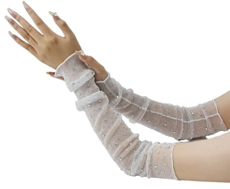 HSTWODE 1 Stück Lange Handschuhe Strass Fingerlose Brauthandschuhe Damen– Atmungsaktive Netzstoff Handschuhe ohne Finger mit Strasssteinchen – Elegante für Outdoor/Sommer/Fashion