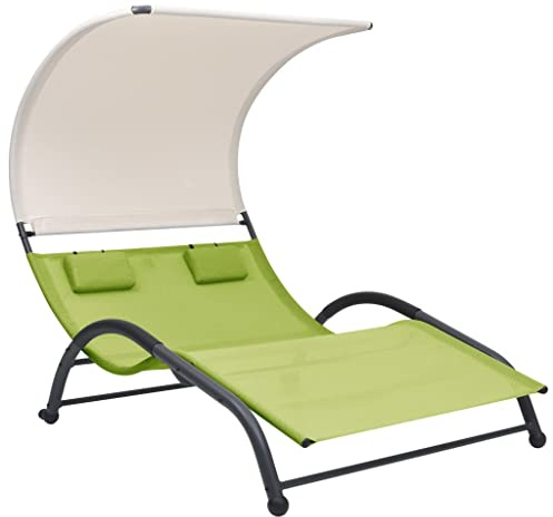 WDGJJFECNMUEHI Doppel-Sonnenliege mit Sonnendach Textilene Grün, Doppelliege für Garten und Balkon, Stahlgestell mit UV-Schutz, 2 Kissen, 190x137x158 cm, Outdoor Lounge Möbel